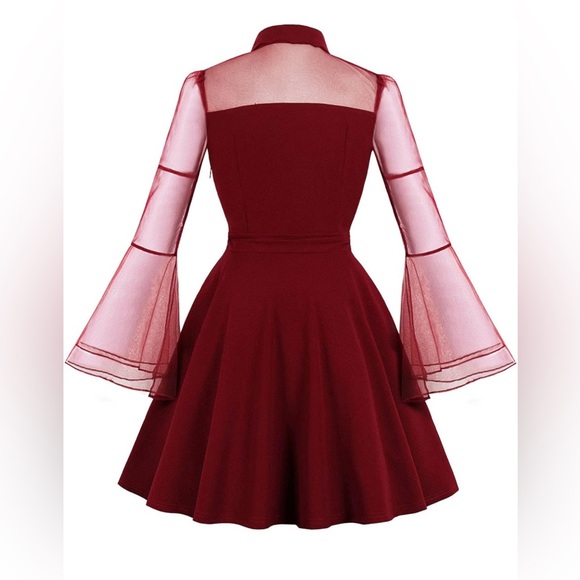 Women's Vintage Gothic Cocktail Dresses Cutout Keyhole Collar Burgundy - Picture 2 of 5
